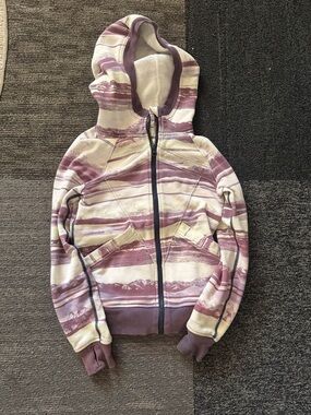 Ivivva Lululemon kids purple and Cream Striped Hooded Zip Jacket 8